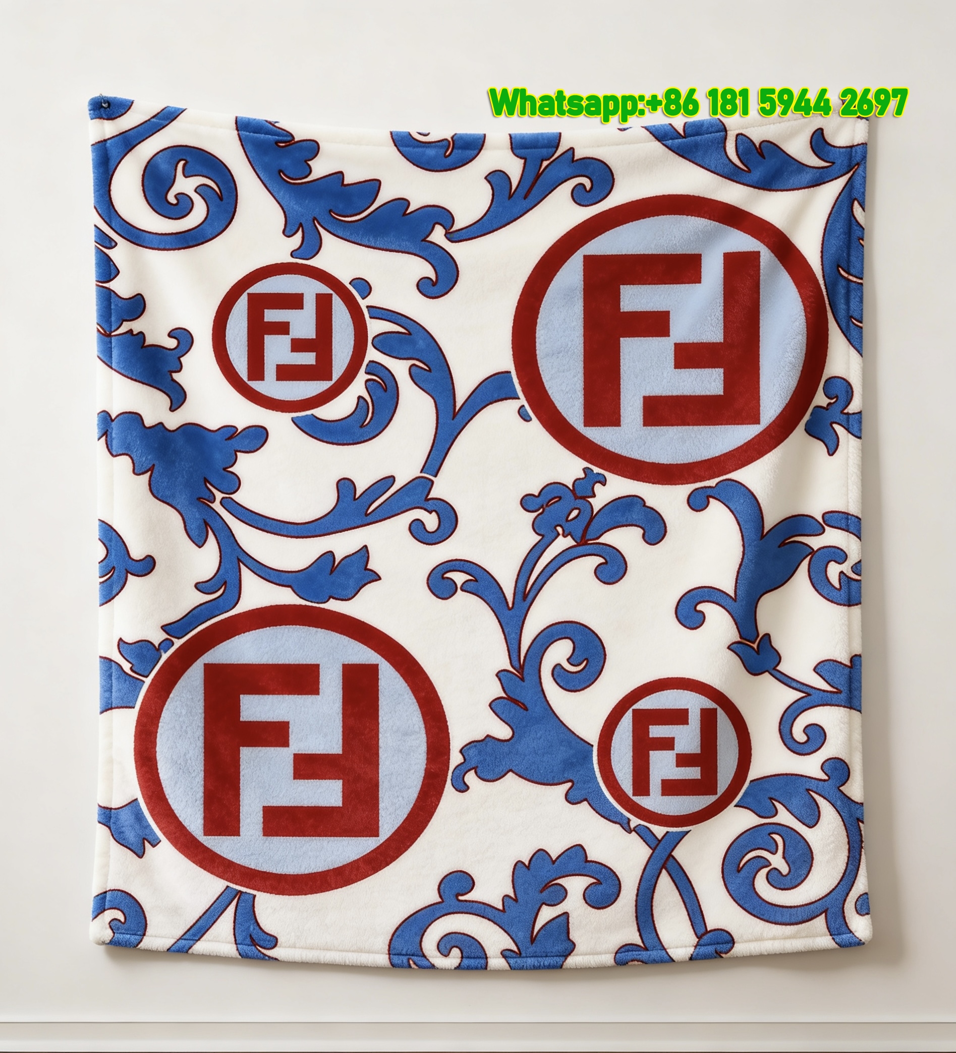 Fendi Blue Baroque Floral FF Monogram Flannel Throw Blanket IMG_9589